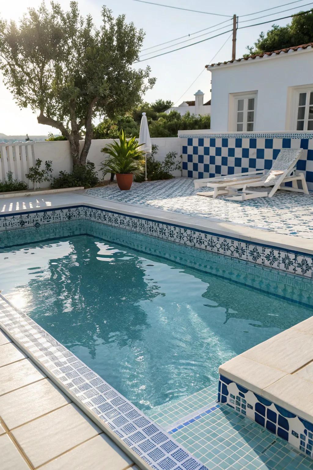 Azure and white tiles whisk your pool away to a serene maritime paradise.