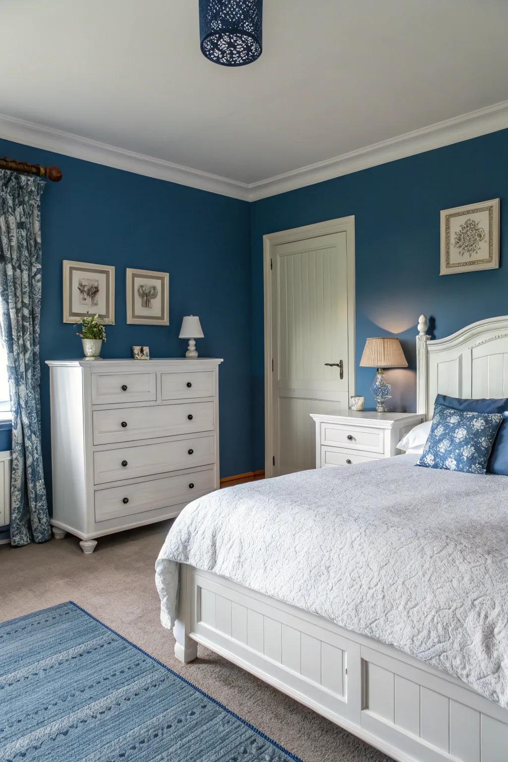 Ivory furnishings provide a beautiful contrast to sapphire blue walls, contributing a rejuvenating element.