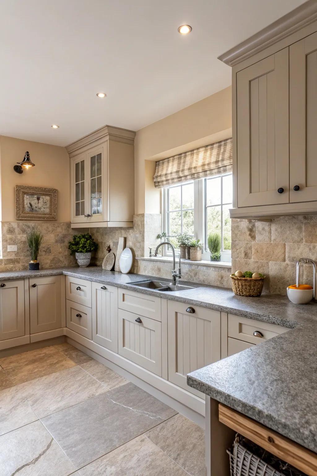 A tranquil kitchen ambiance achieved through a balanced neutral palette that beautifully enhances the rustic components.