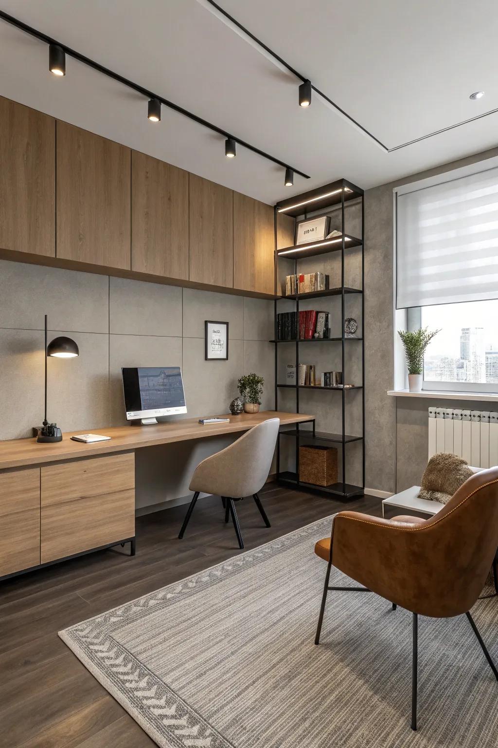 A subdued color scheme ensures a serene and relaxing office atmosphere.
