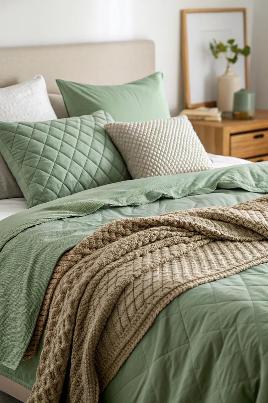 Sage green textiles provide a harmonious and restful haven.