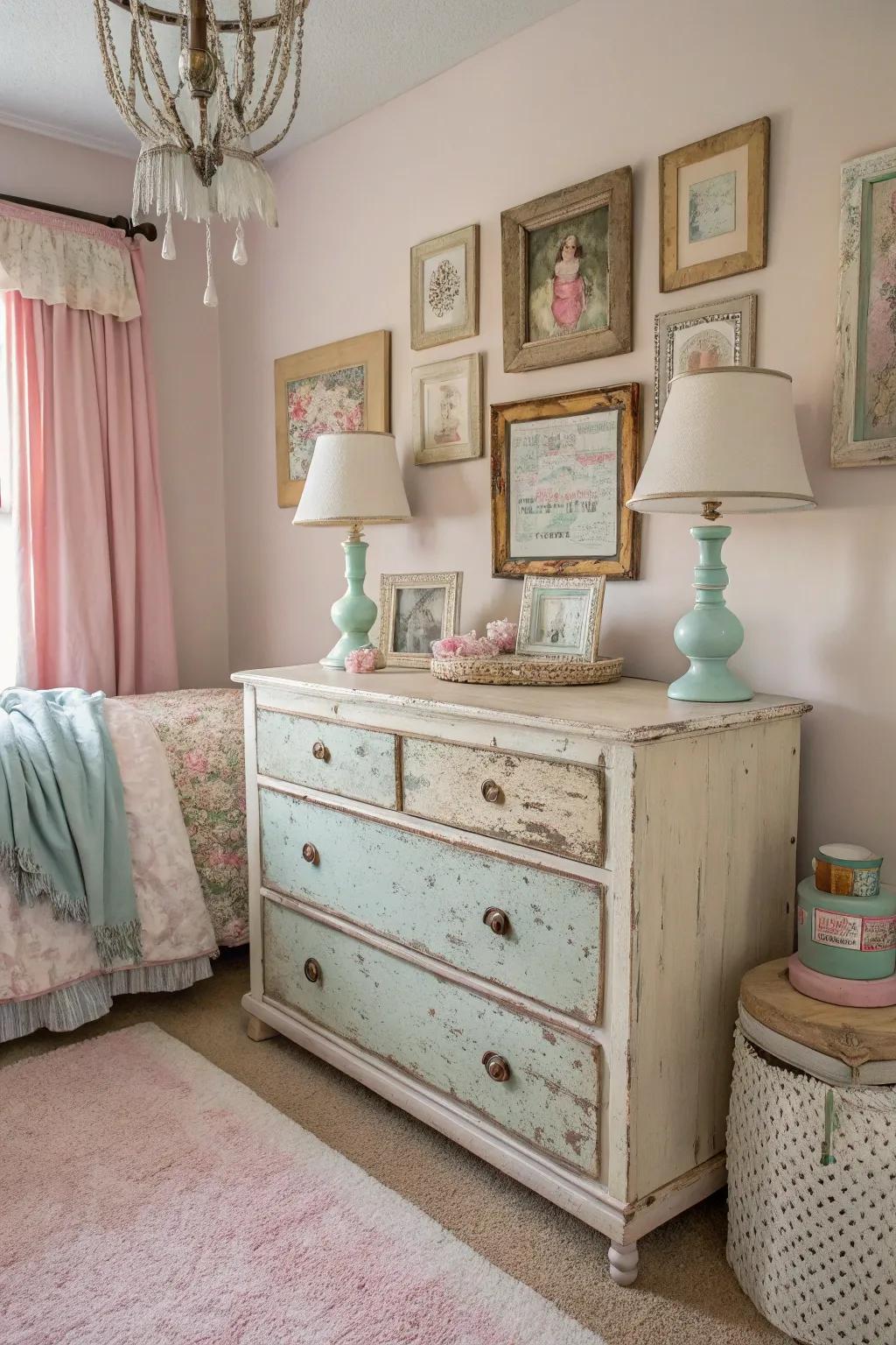 Furniture with a story adds vintage elegance and individuality to a modern-vintage bedroom.
