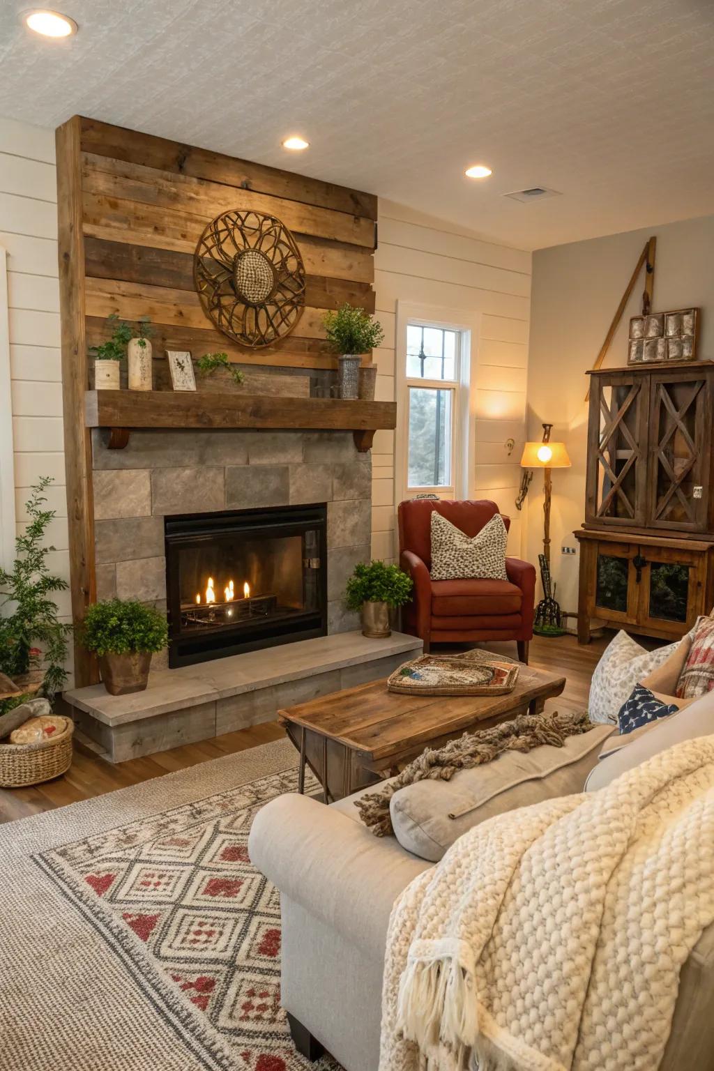 A cozy living room showcasing a fireplace made of recycled wood shiplap.