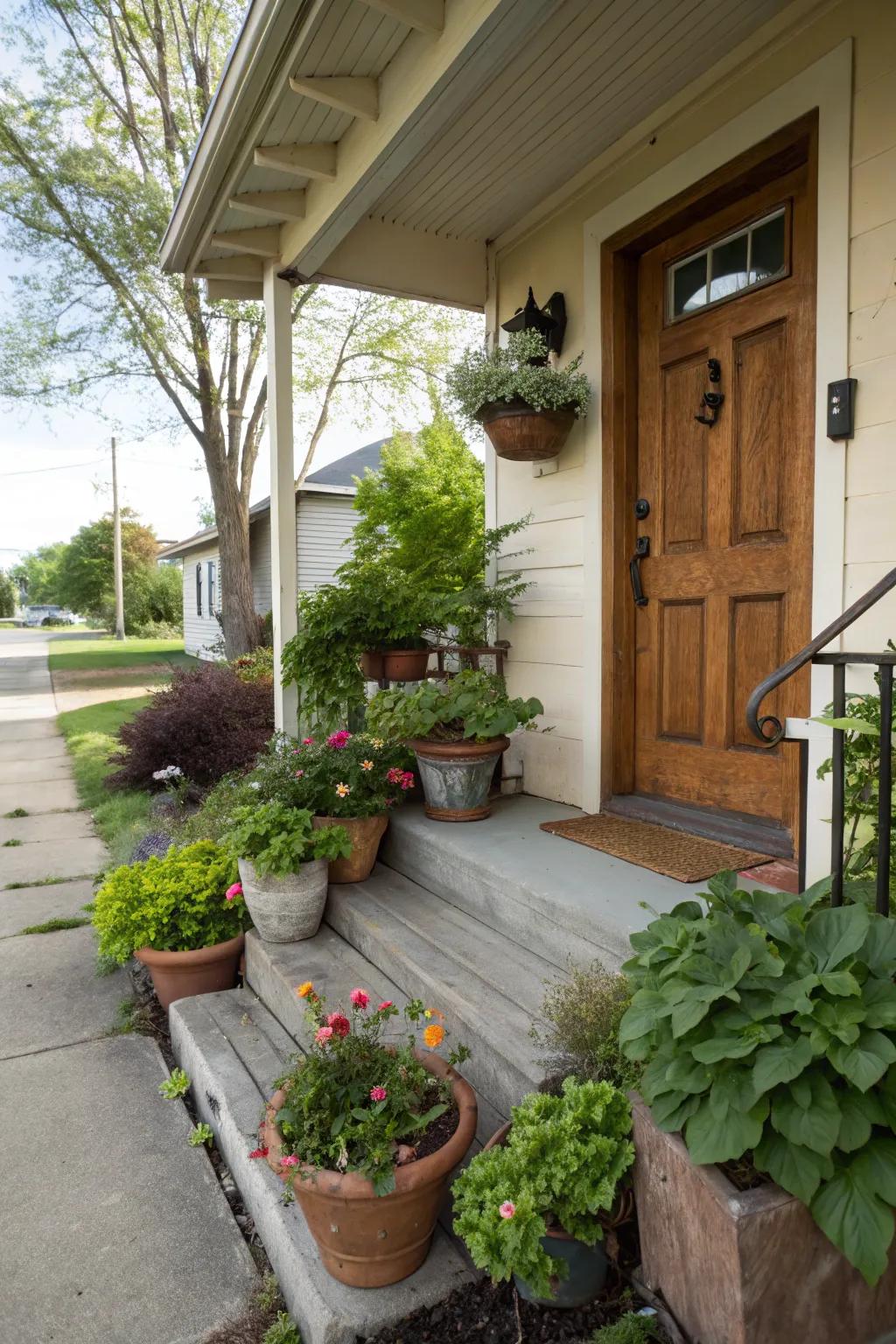 A small front porch ornamented with a selection of potted plants for a natural impression.
