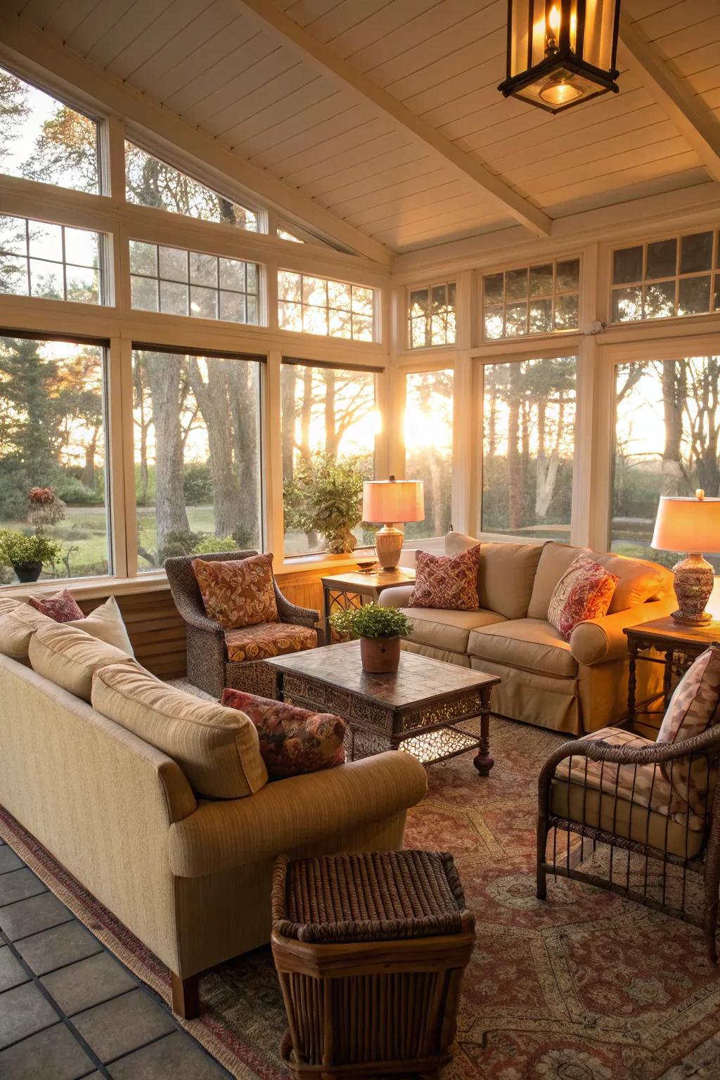 A comfortable seating arrangement in a sunroom, perfect for leisurely afternoons.