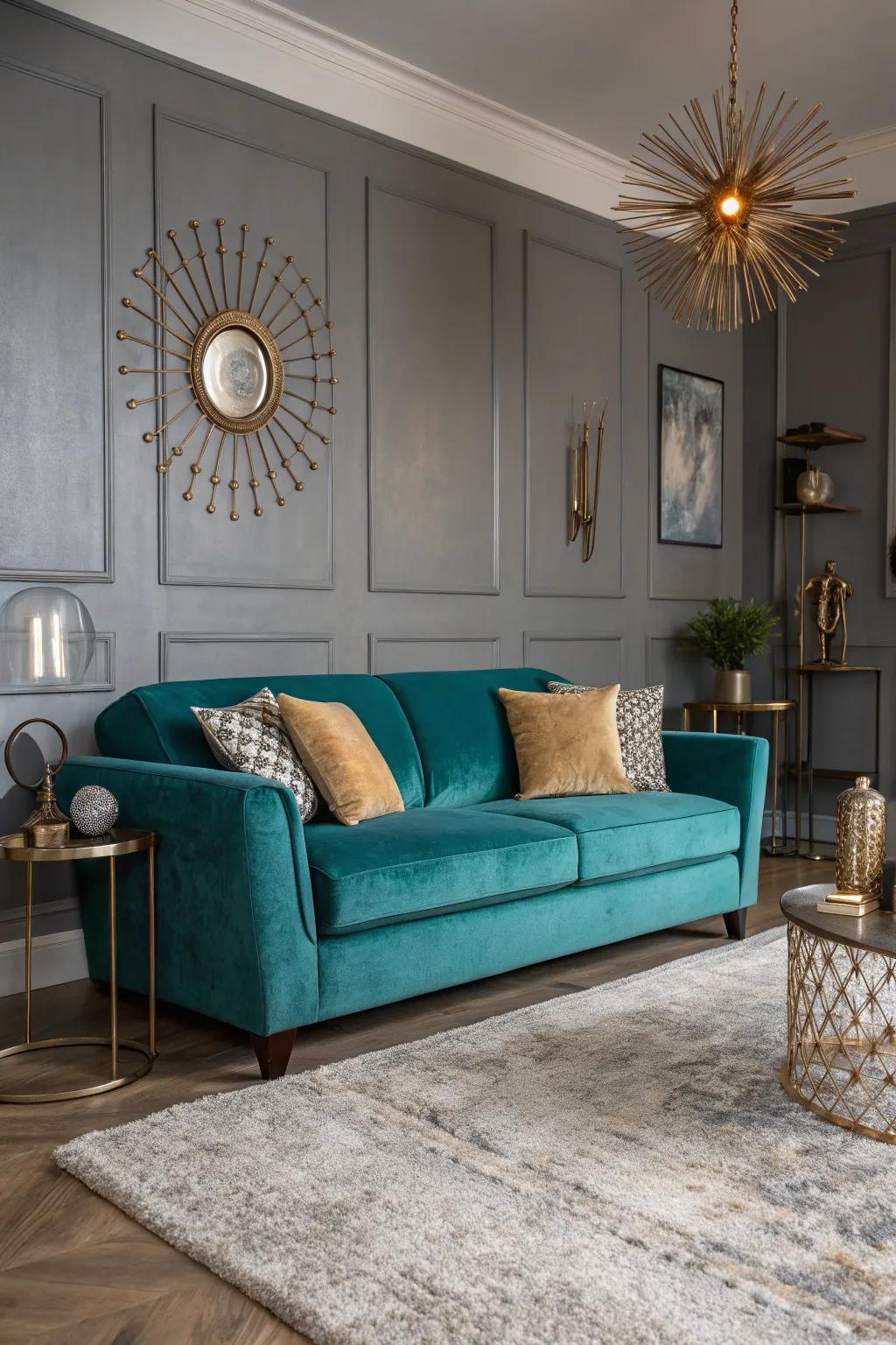 A teal velvet couch serves as a luxurious focal point within a grey-themed living area.