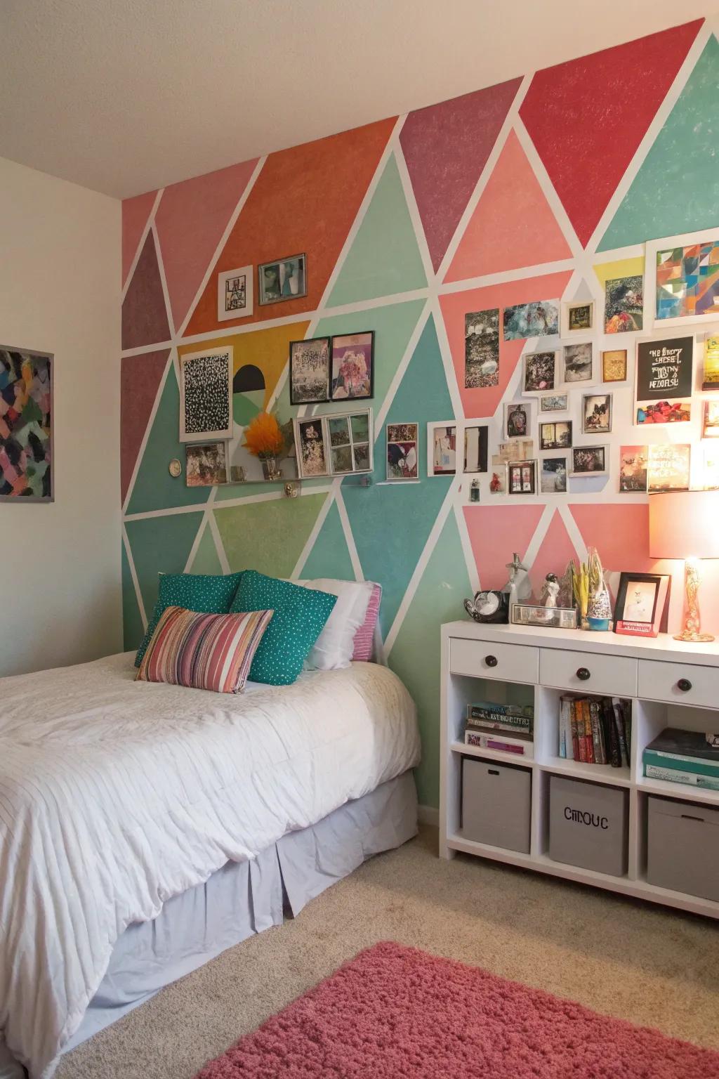 A space wonderfully transformed by a striking geometric accent wall.