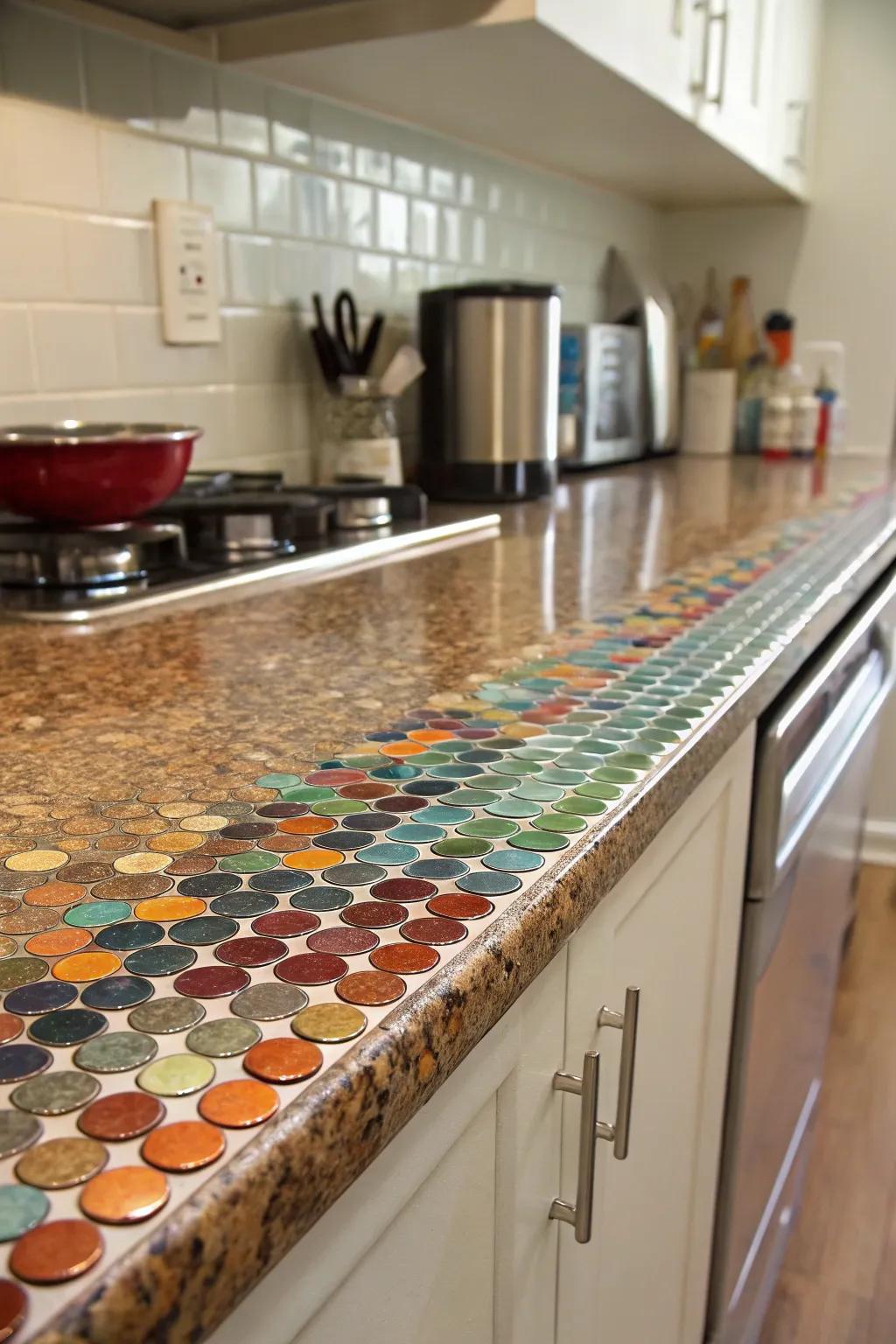 Dot tiles infuse a lively and textured element into this kitchen.