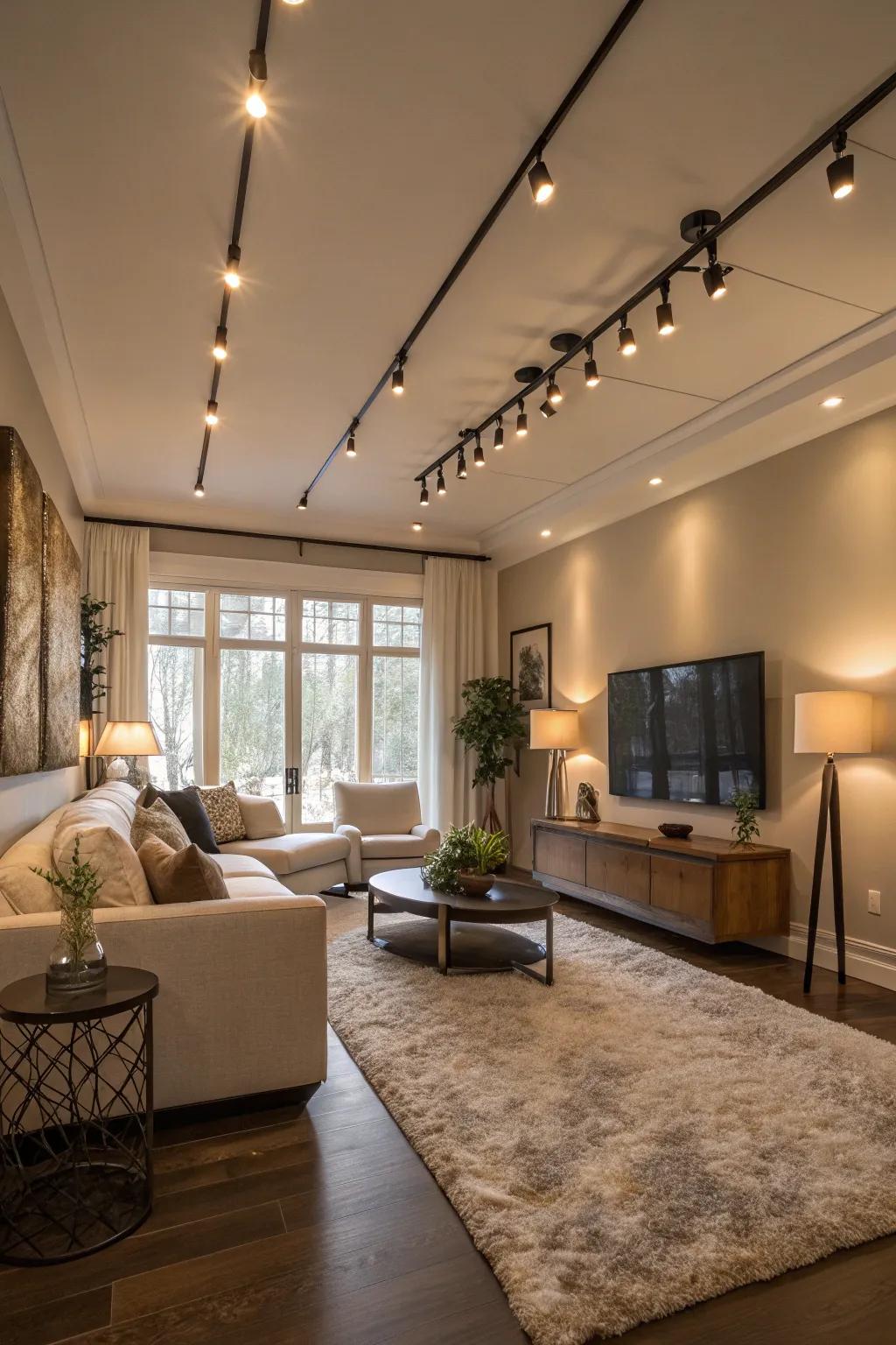 Living room where track lighting serves as a decorative focal point.