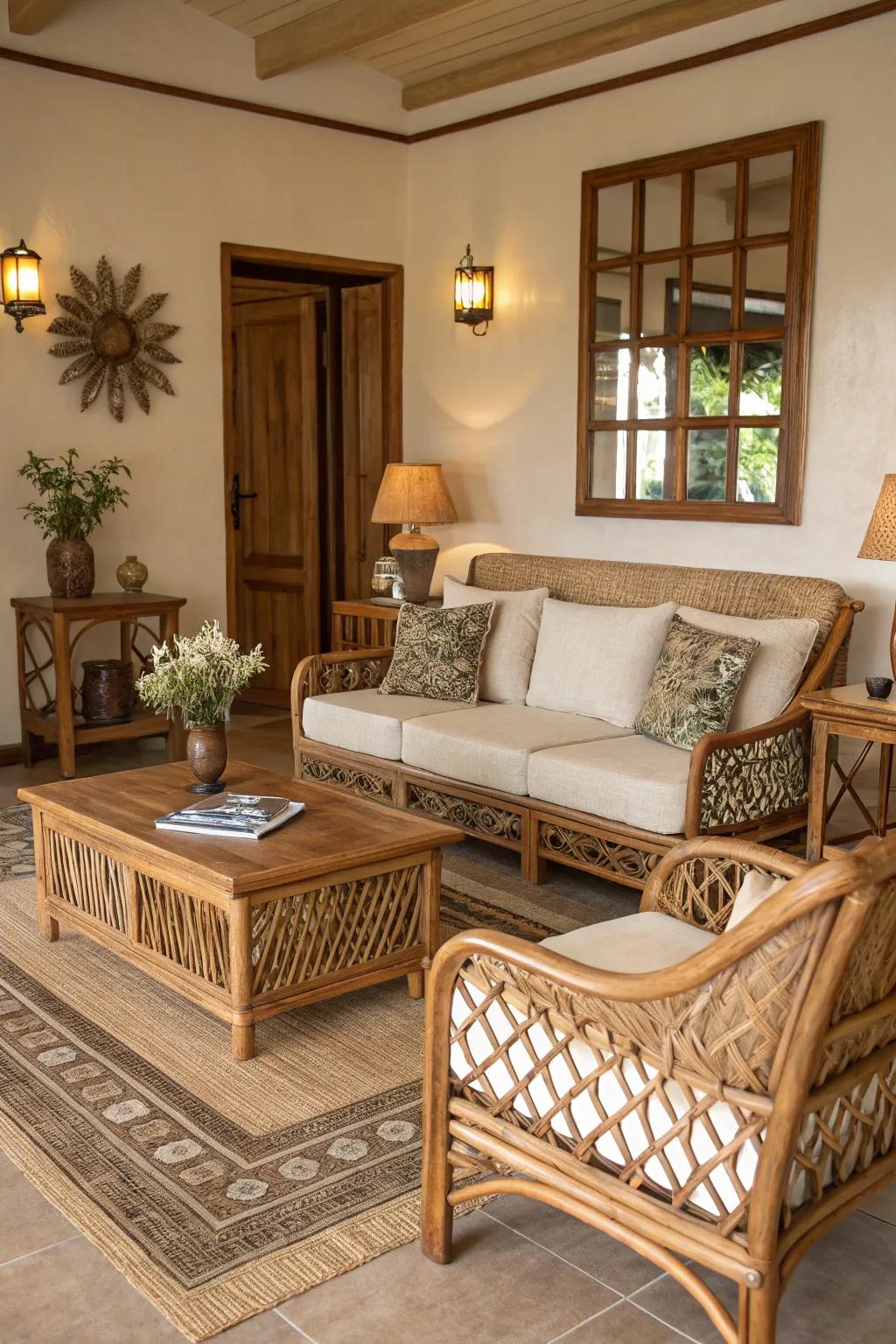Organic elements such as cane and lumber heighten the tropical ambiance.