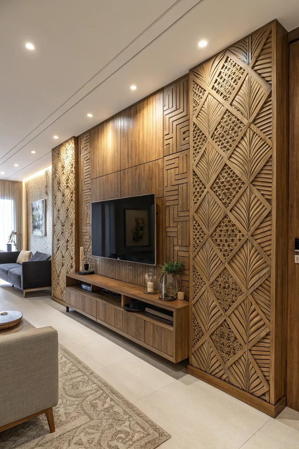 Textured surfaces bring depth and elegance to any TV wall.