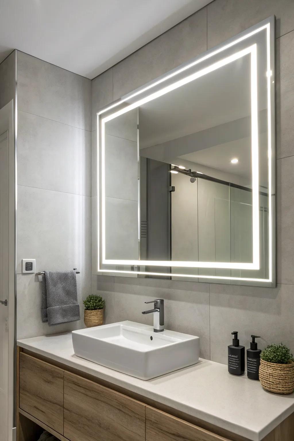 Integrated lighting for a sleek, modern bathroom mirror.
