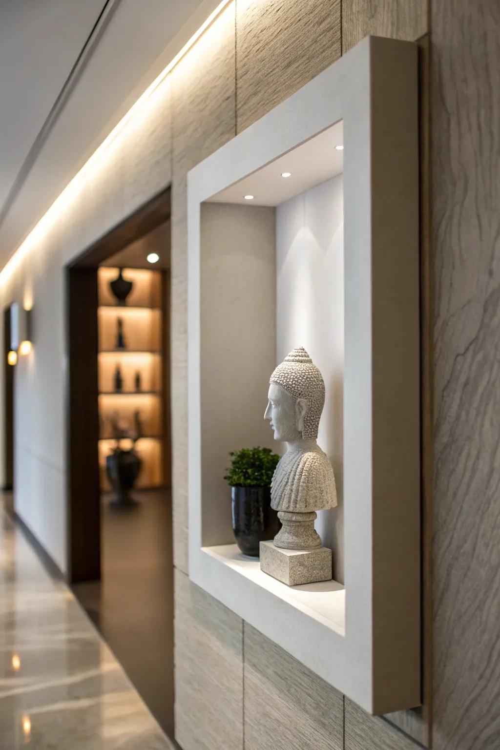 A modern wall niche doubling as a gallery display for a minimalist sculpture.