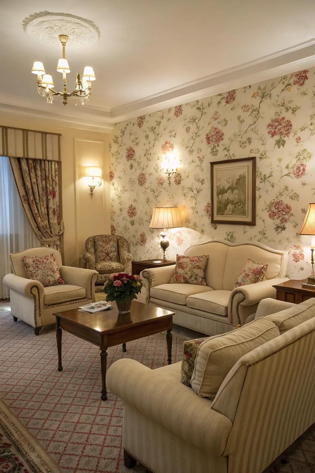 Classy flowering wall covering adds sophistication to a living room.