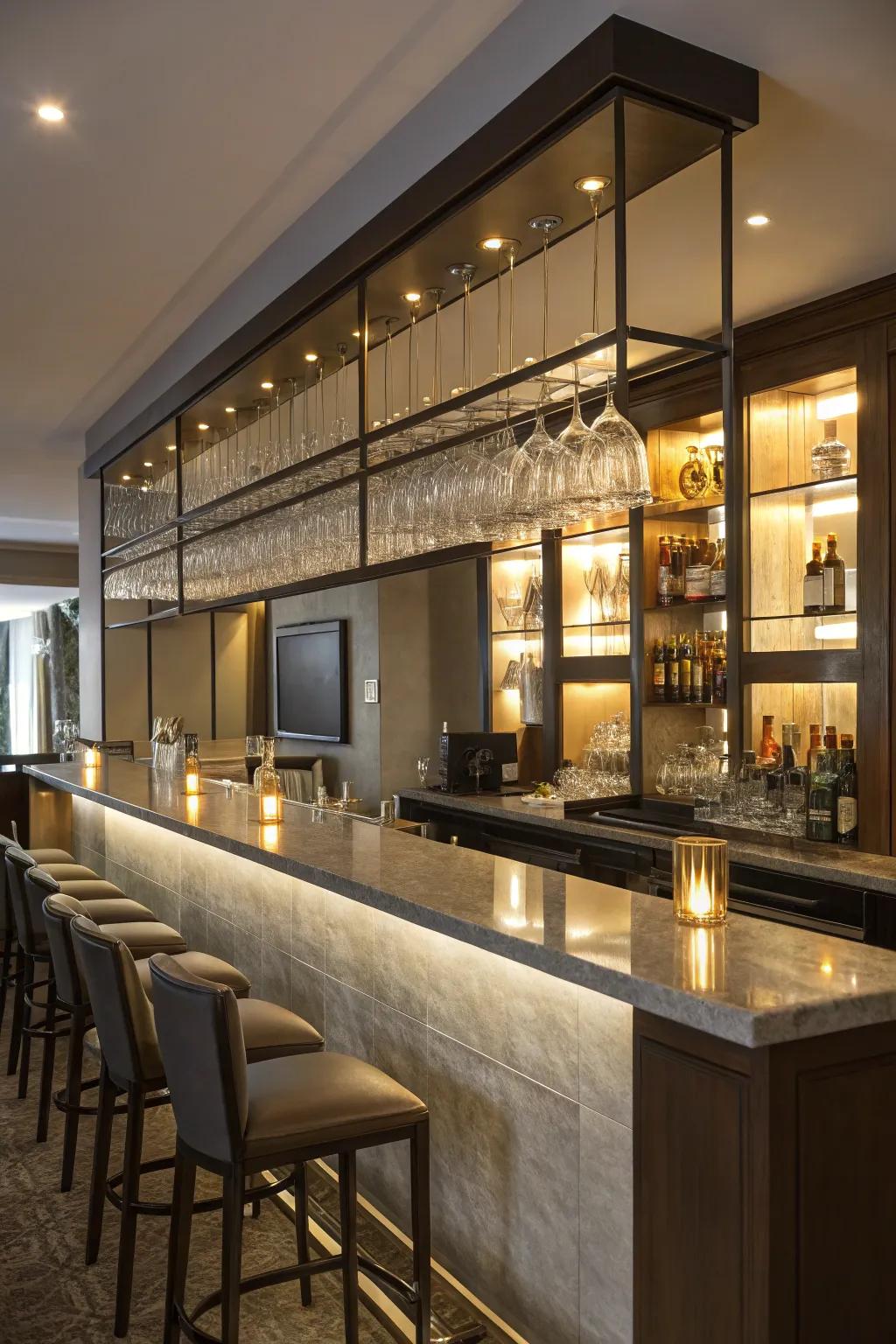 Warm lighting casts an inviting radiance upon a contemporary wet bar.