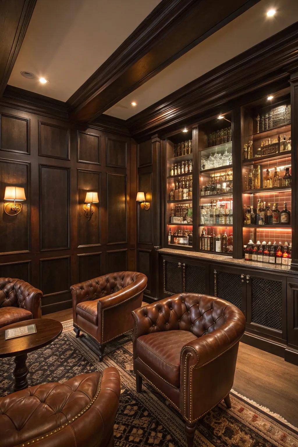 Dark wood and leather blend together to create a warm, welcoming space ideal for enjoying whiskey.