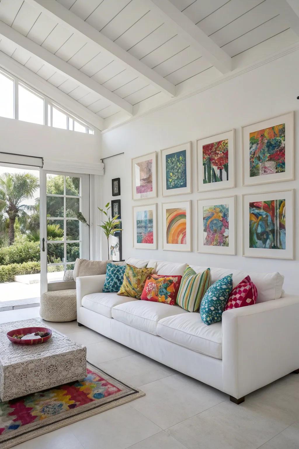 Eye-catching artwork and colorful cushions contribute personality to a white living space.