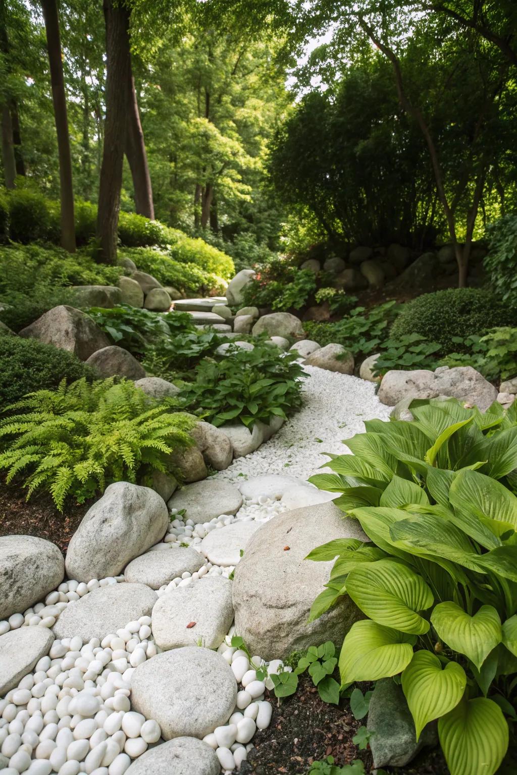 A vibrant garden showcasing the appealing juxtaposition of white stones and lush greenery.