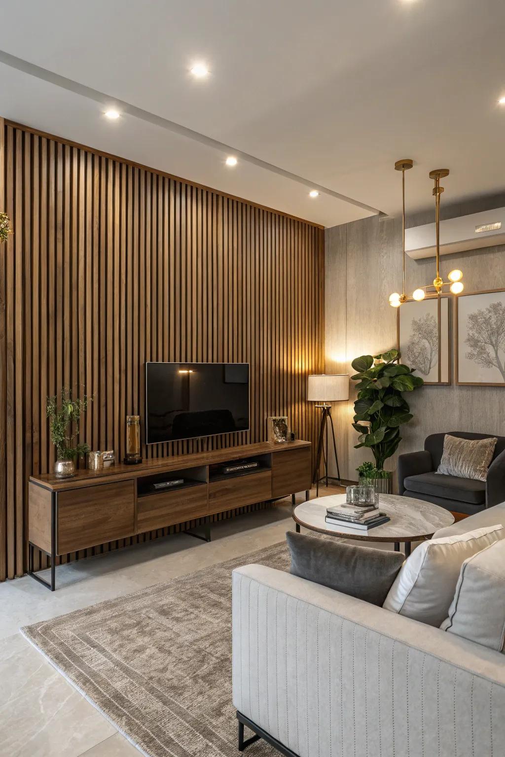 Elevate your living room with a vertical wood slat wall, lending both height and a touch of elegance.