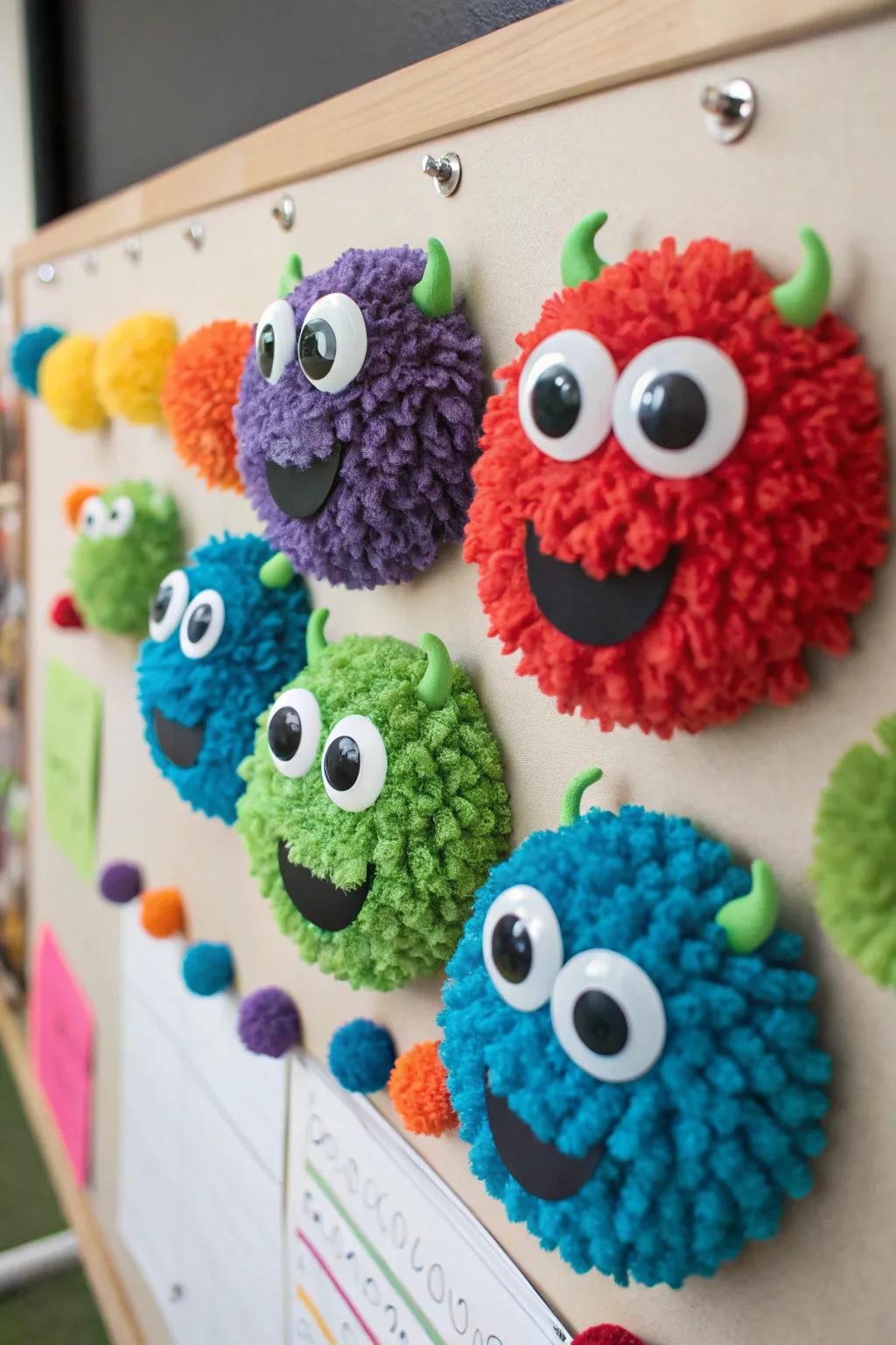 3D creature faces that add a playful and tactile element to any bulletin board.