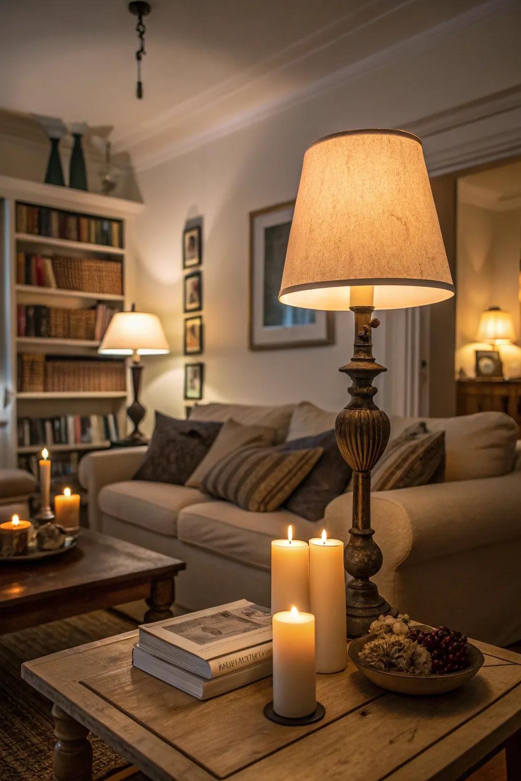 Pleasant lighting from lamps with adjustable settings and candles within a dimly lit living space.