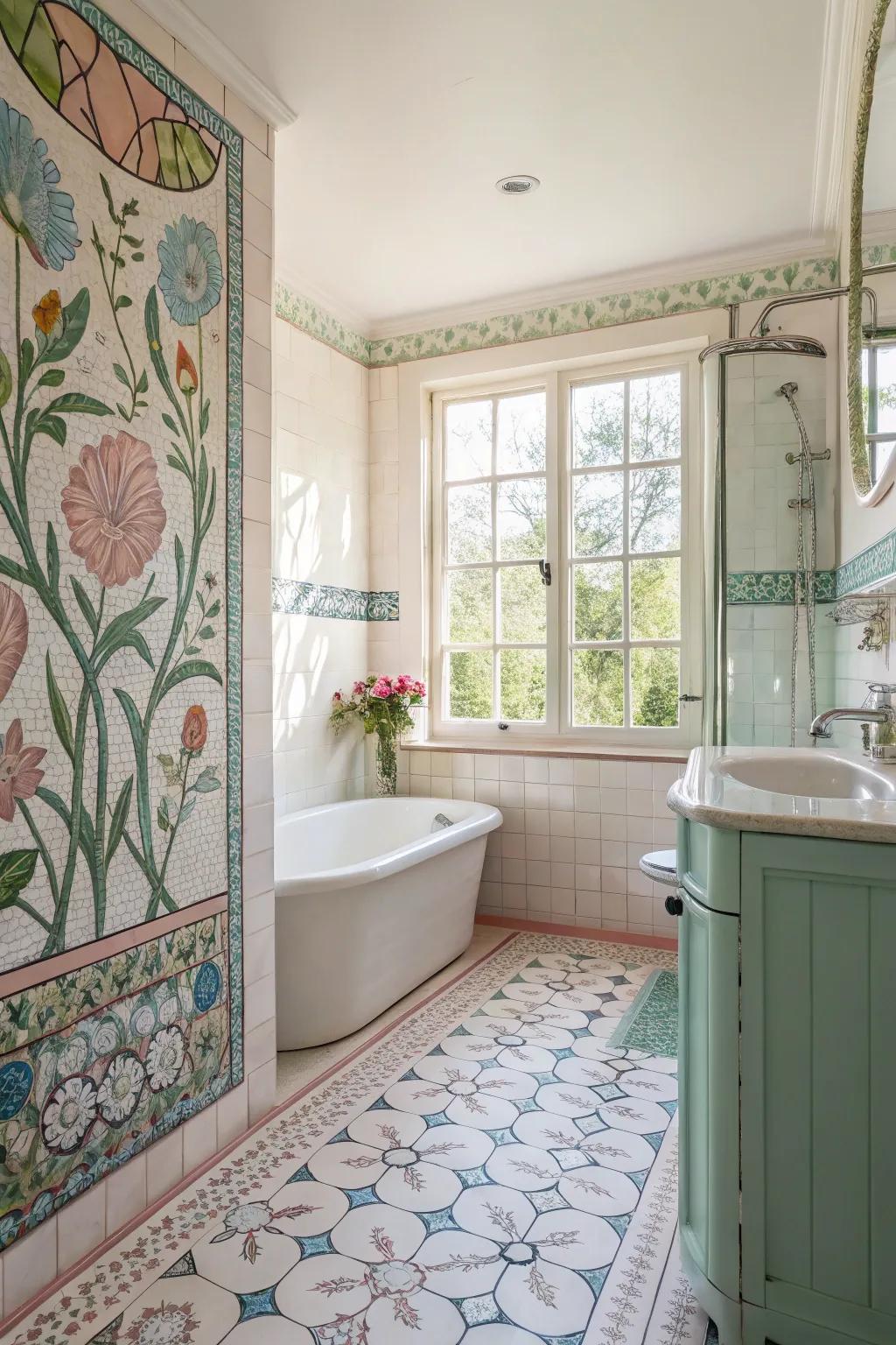 A bathroom converted into a peaceful garden using floral mosaic tiles.