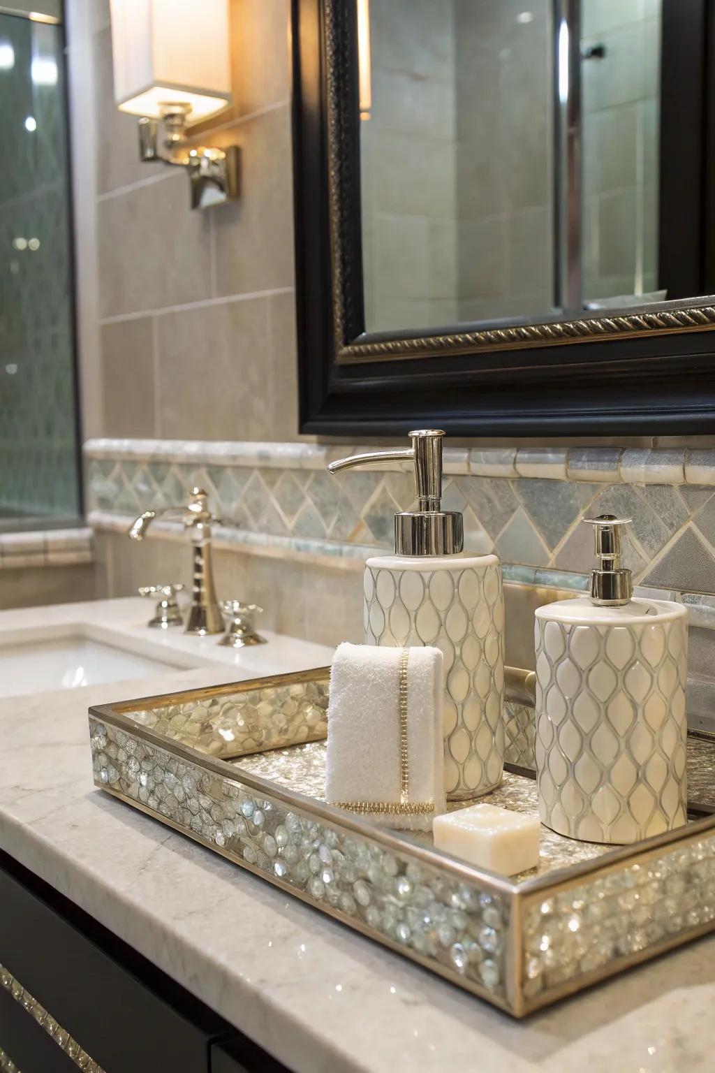 A nacre backsplash introduces glamor and practicality to your vanity space.