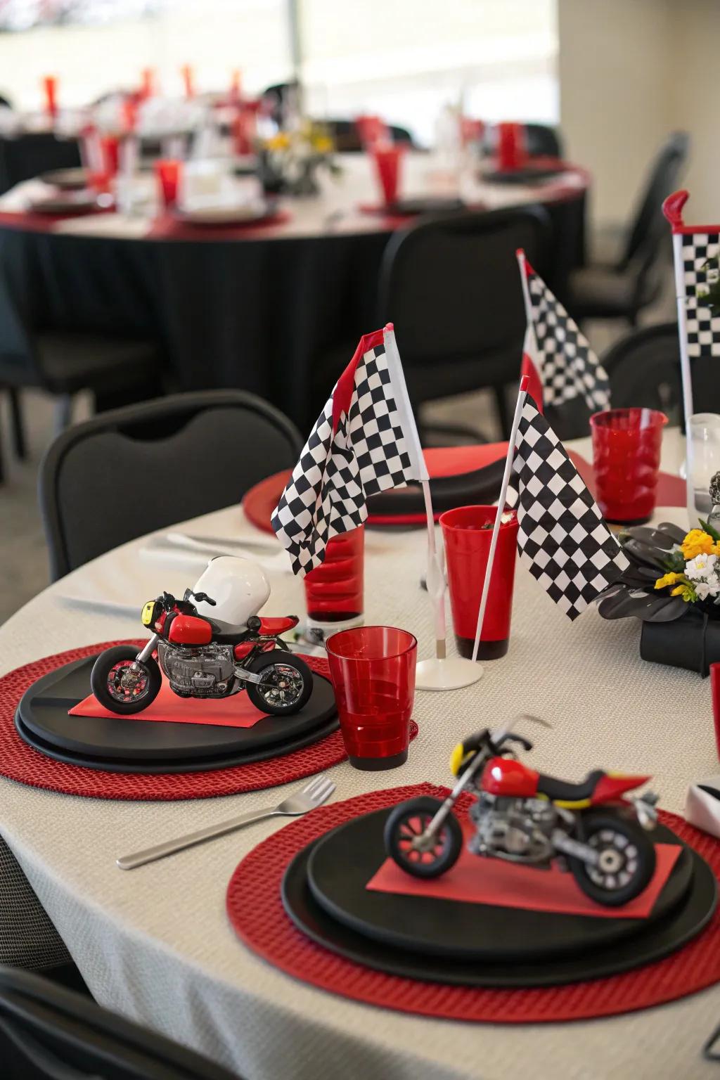 A tablescape centered around motorcycles featuring striking details.