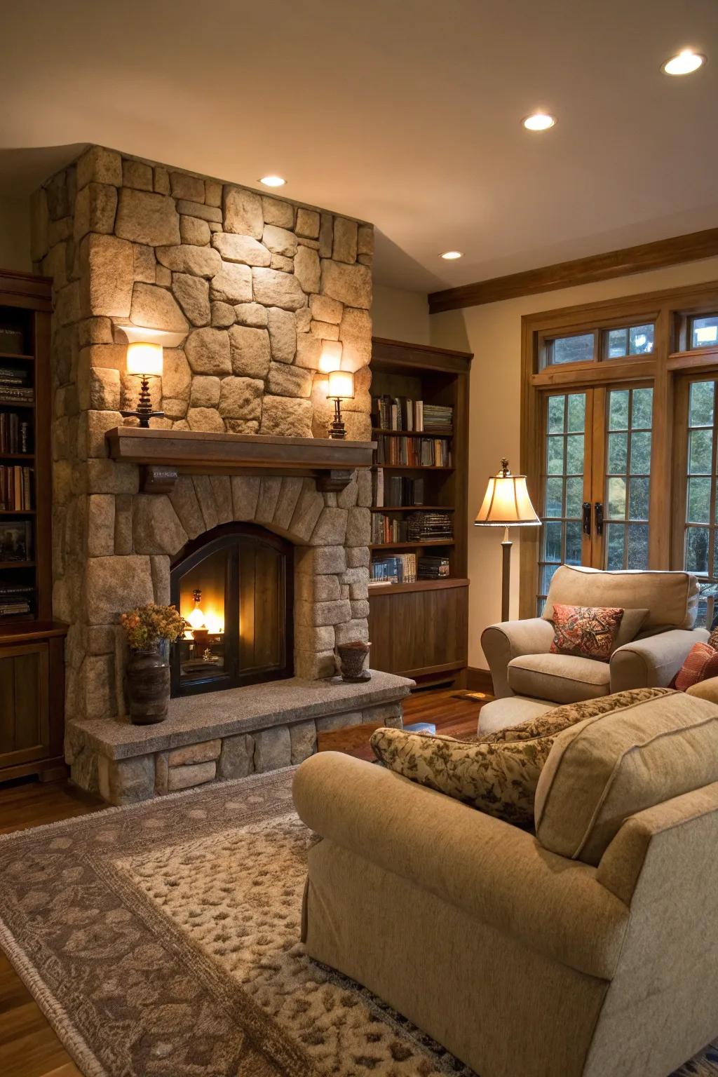 A stone fireplace acts as the central feature of this welcoming living area.