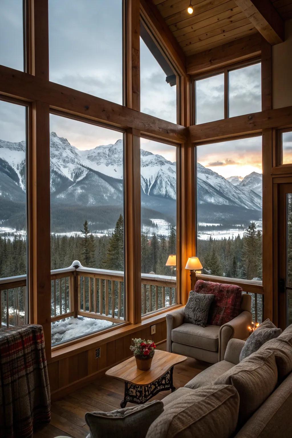 Windows from floor to ceiling providing wide-ranging mountain views.
