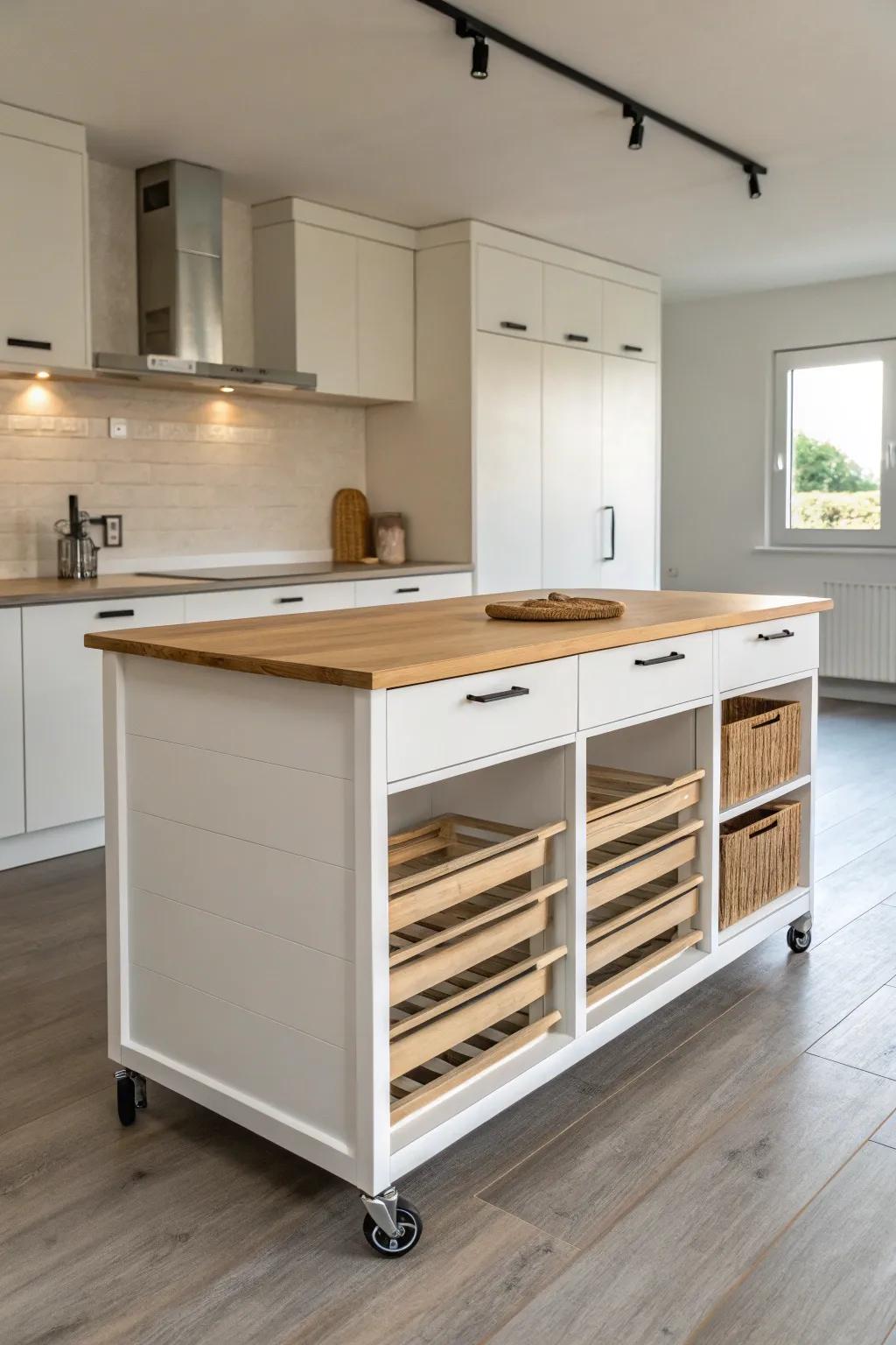 Smart storage built into a moveable island