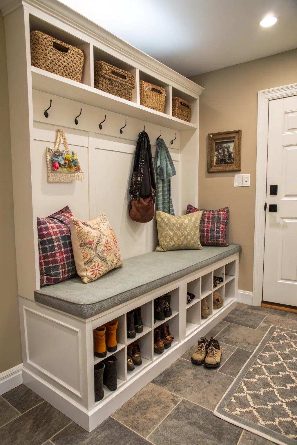 A comfy bench that provides seating and doubles as a storage solution.