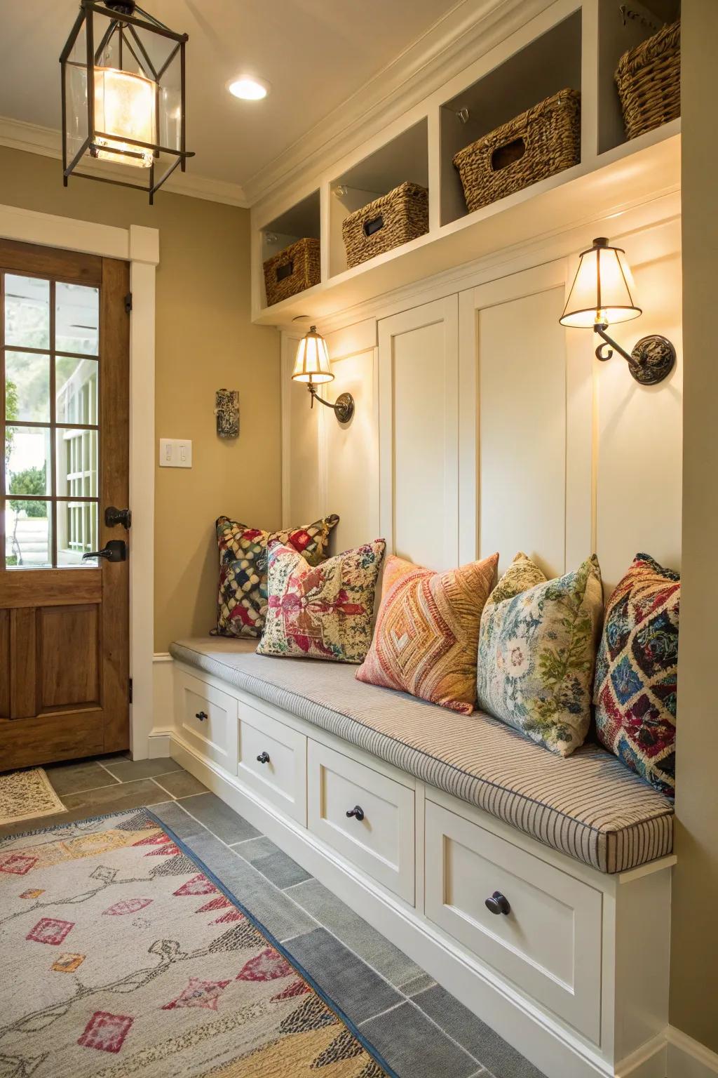 Comfortable mudroom bench adorned with vibrant padded seats for a snug atmosphere.