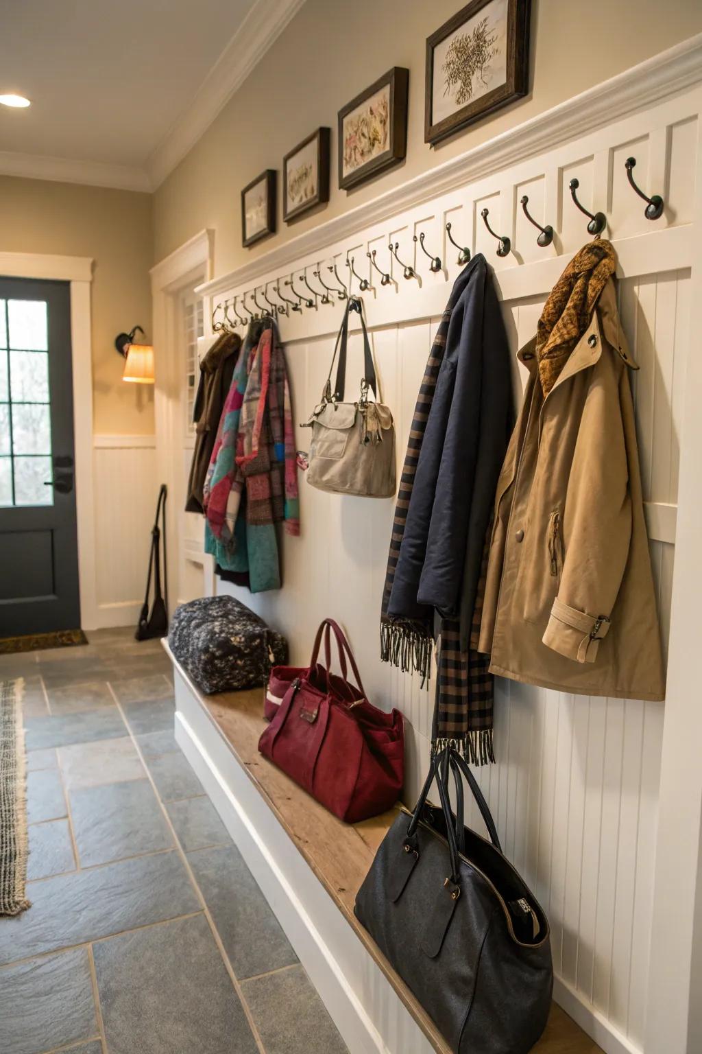 A mudroom wall equipped with hangers for holding coats and bags.