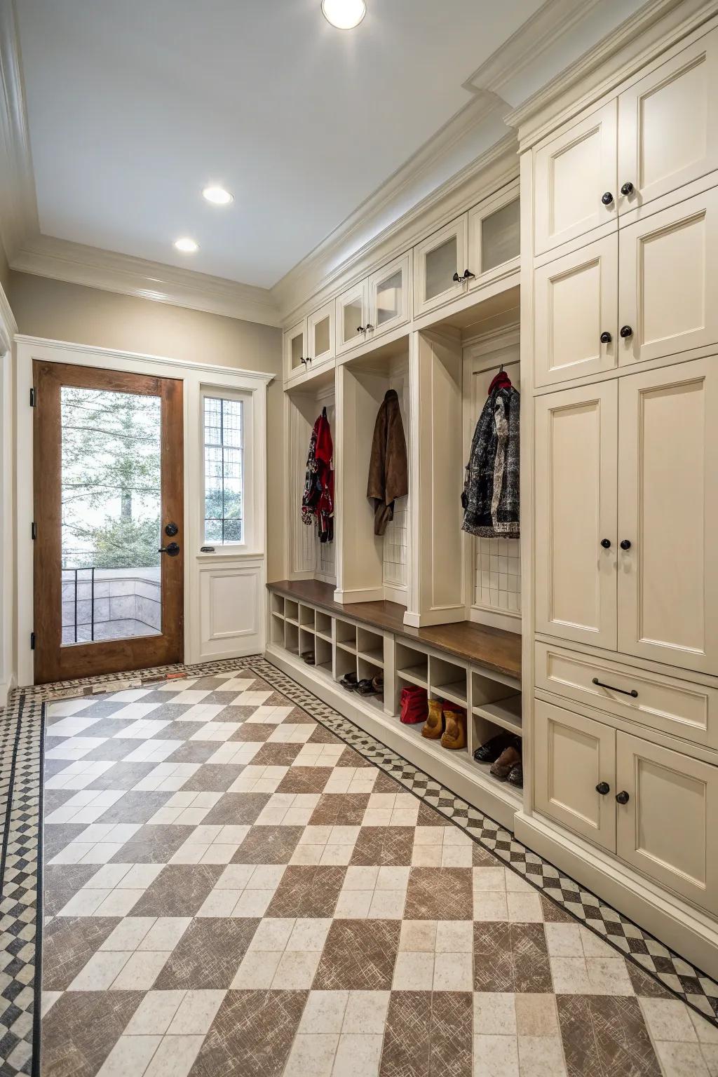 Classic chessboard tiles introduce timeless elegance to any mudroom.