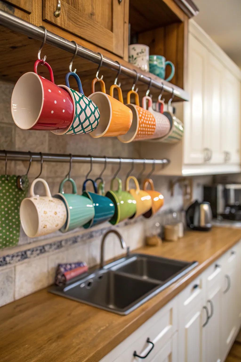 Make the most of your space by hanging mugs under your shelves.