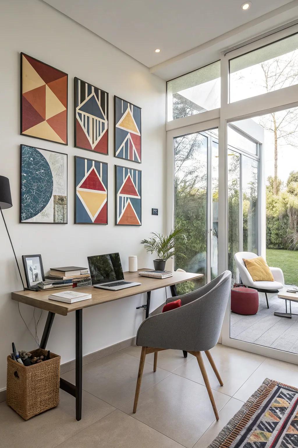 A stunning multi-canvas geometric painting that delivers energy and flair to a contemporary workspace.