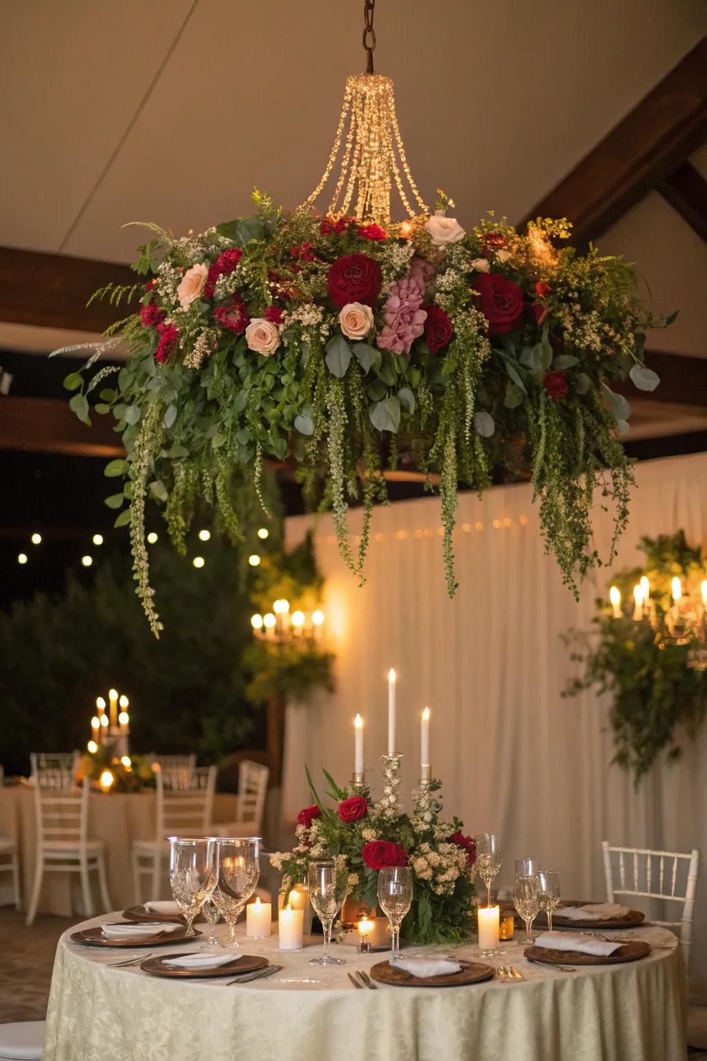 A lovely blossom suspension piece introduces sophistication to a wedding celebration.