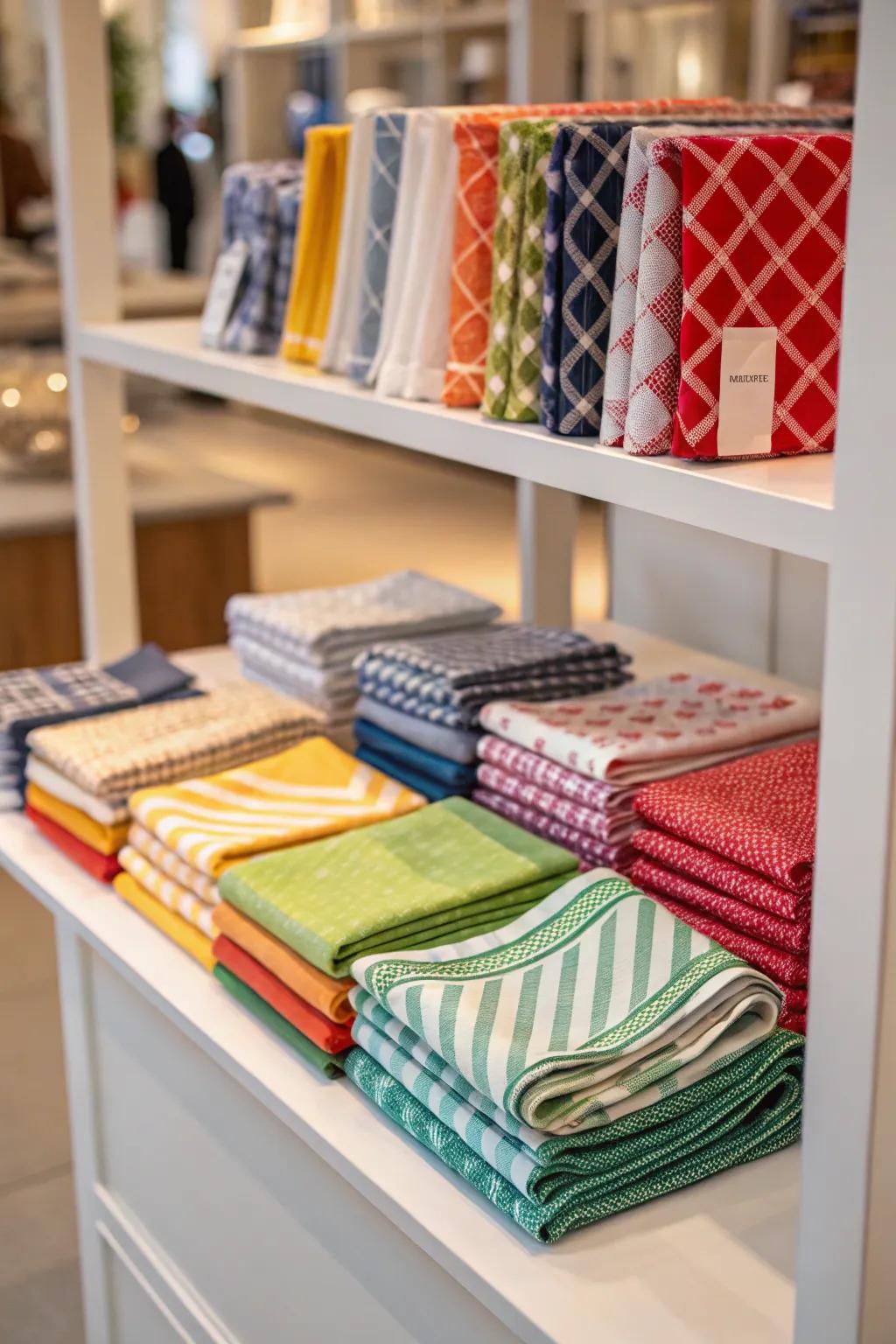 Napkins displayed on a shelf introduce a decorative element to any area.