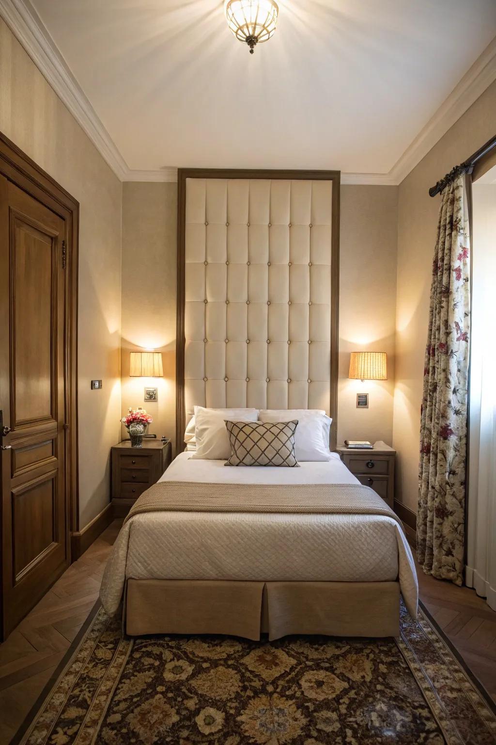 A tall headboard introduces vertical intrigue and a sensation of spaciousness in a narrow chamber.