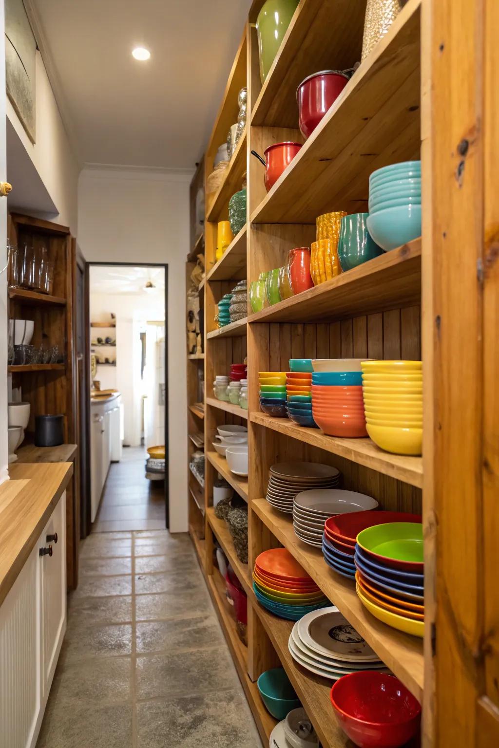 Uncovered shelving merges practicality with flair in a slender kitchen.
