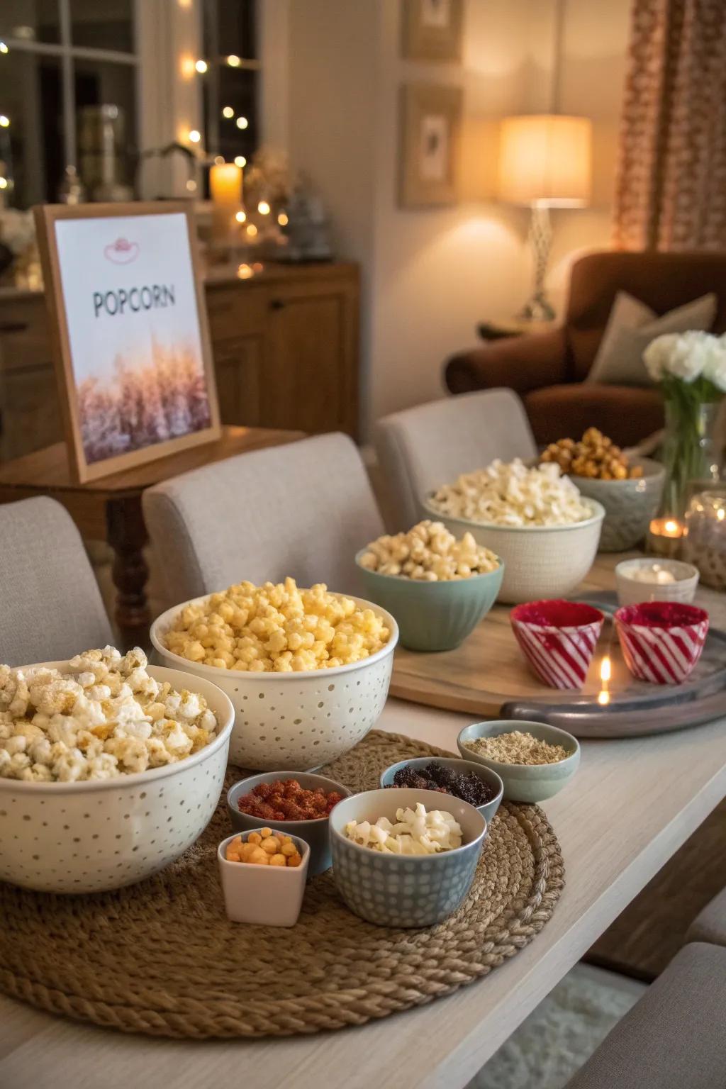 A table arrangement for a popcorn sampling get-together with an assortment of tastes.