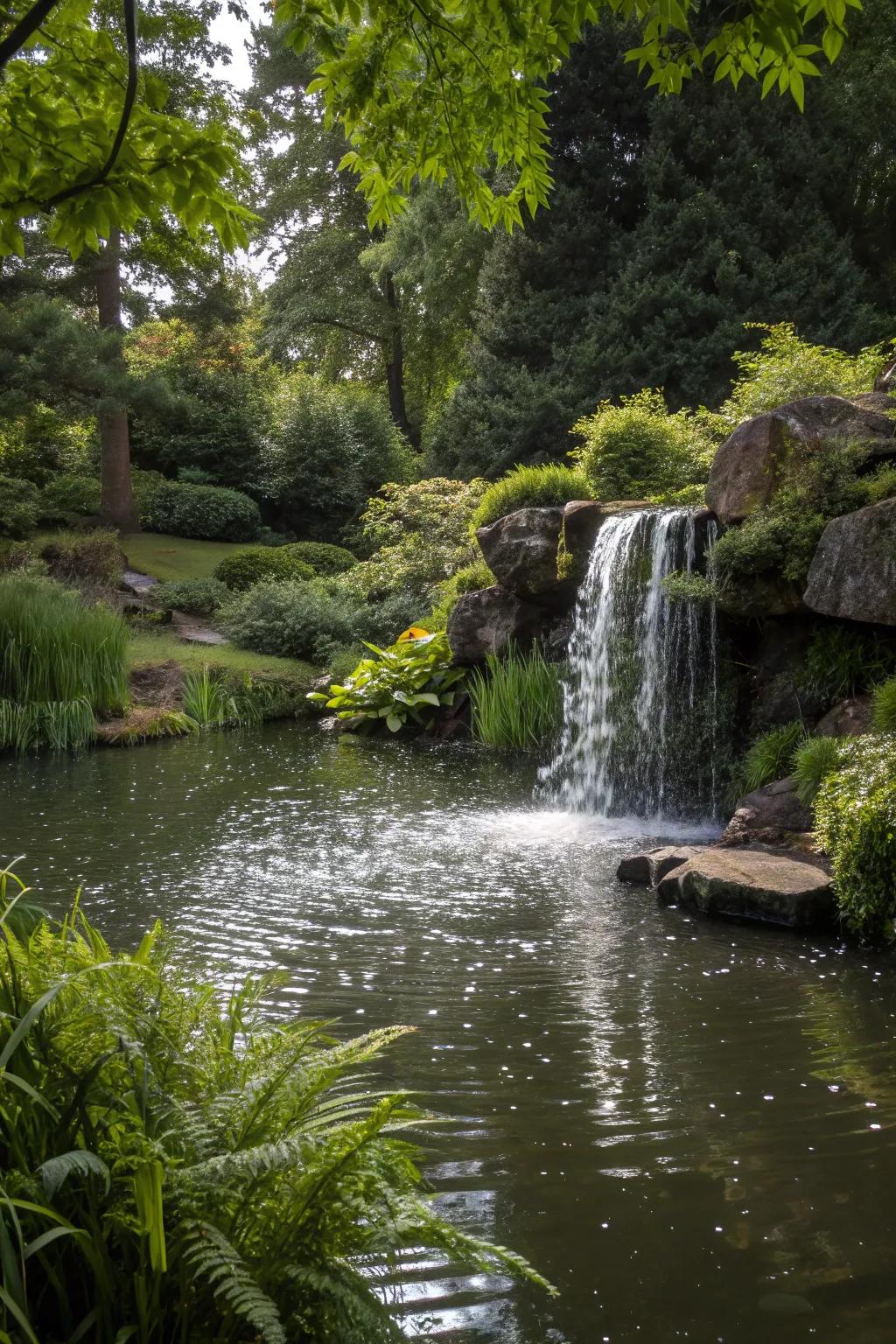 A delicate waterfall contributes motion and melody to a tranquil pond setting.