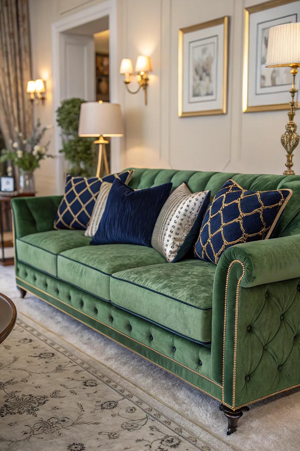 Verdant plush couch creates a striking focal point in an elegant living space.