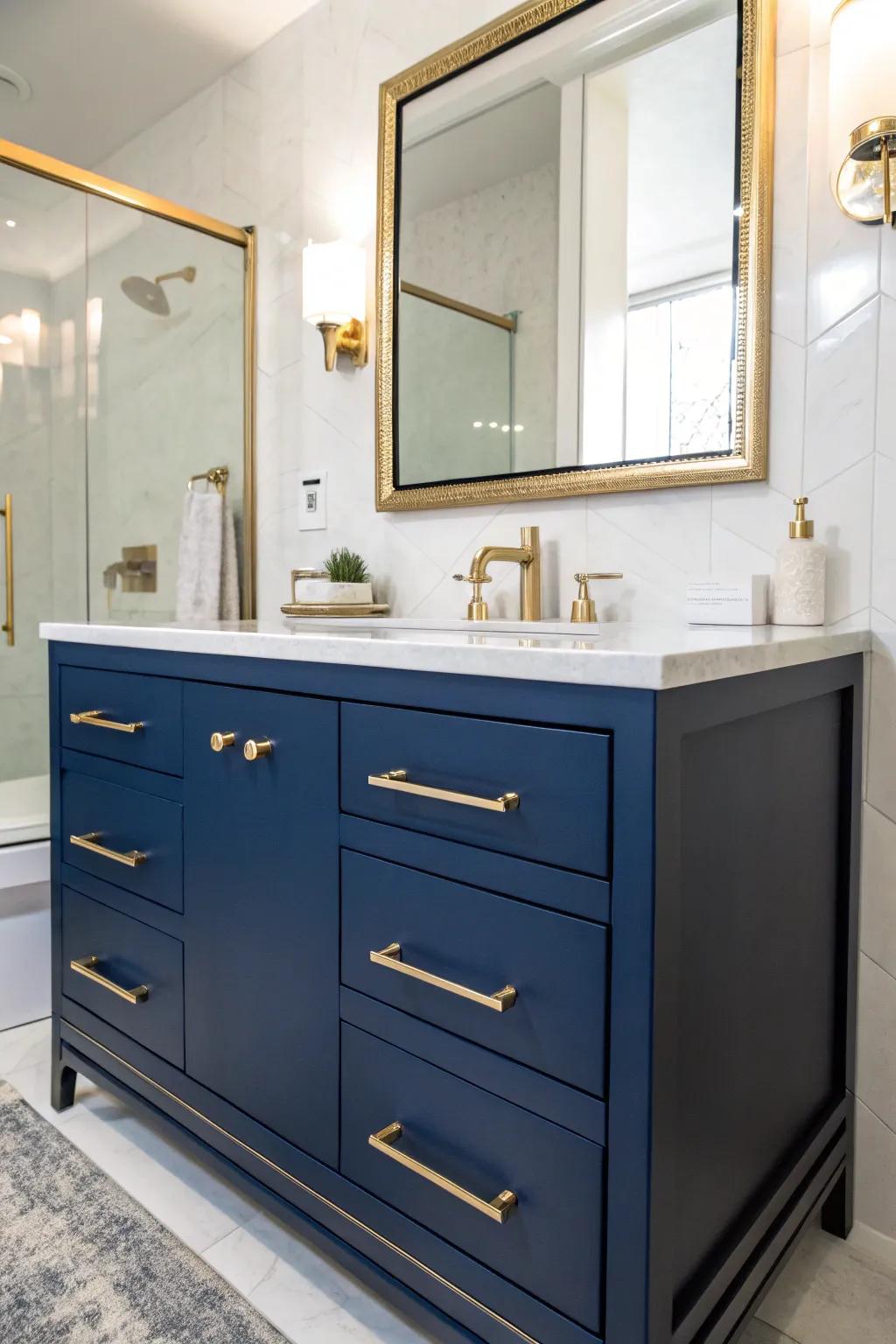 Gilded accents amplify the cerulean dresser's elegance.