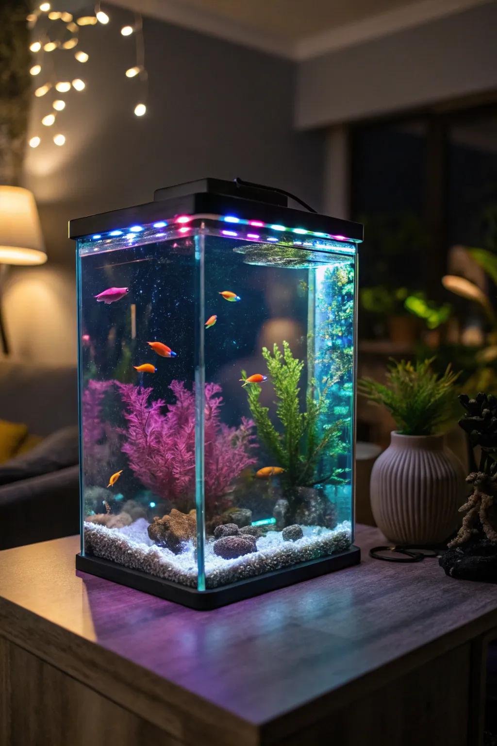Emitting diode lights create a vibrant glow over this neon-themed aquarium.