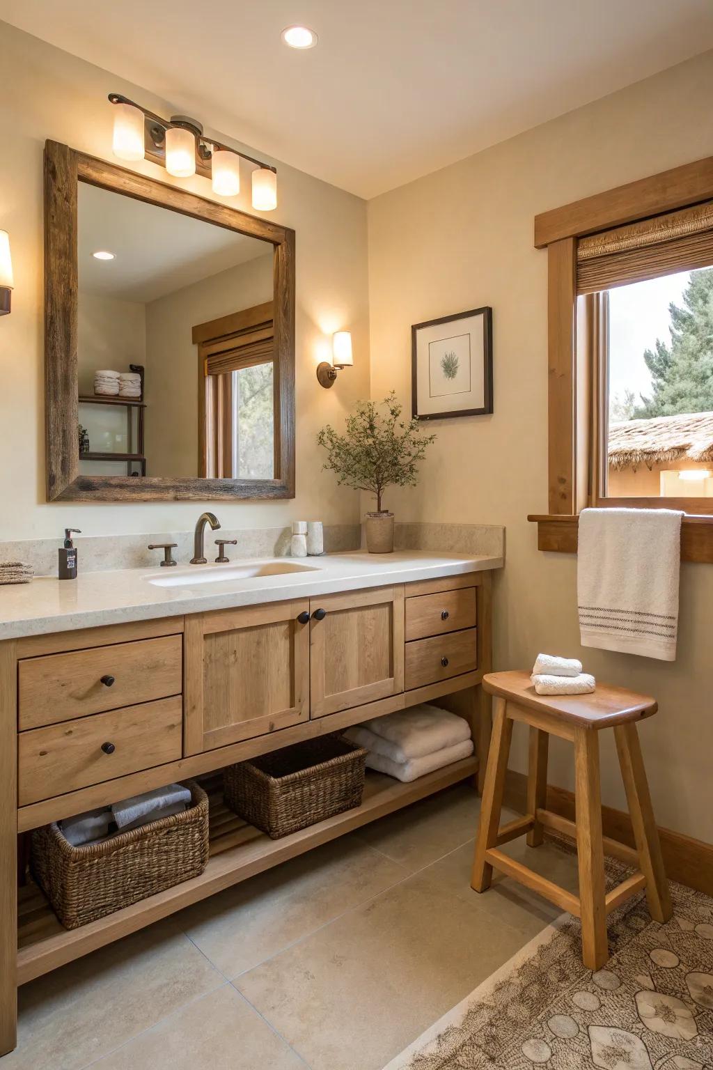A raw lumber vanity brings warmth to this neutral bathroom.