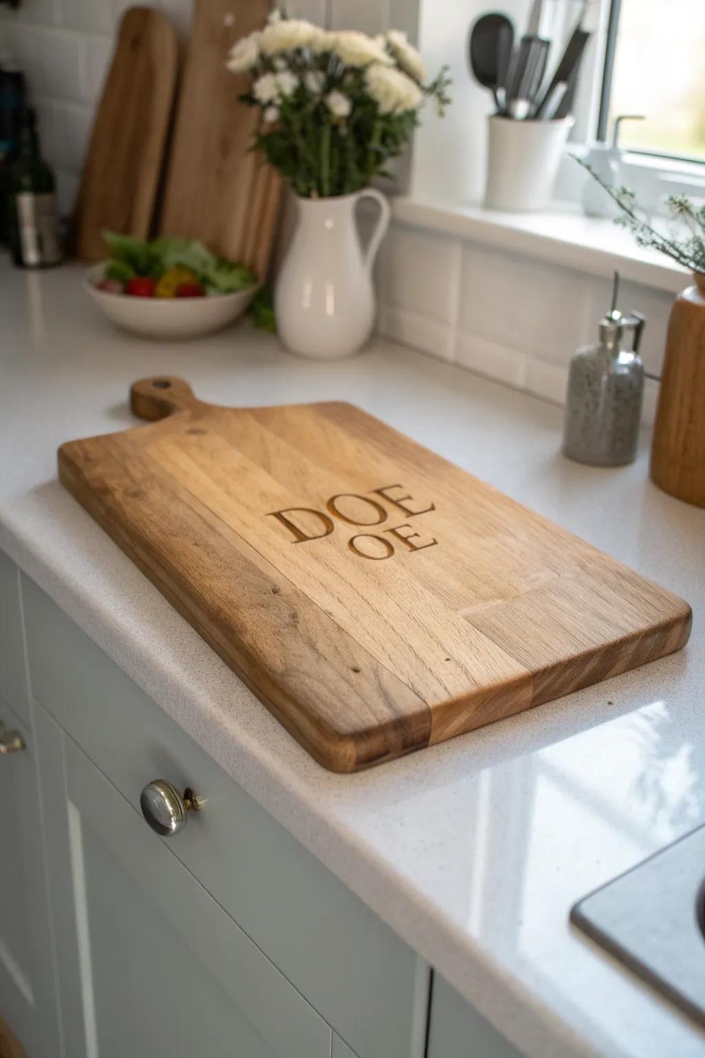 A bespoke chopping board introduces a distinctive element to every cooking area.