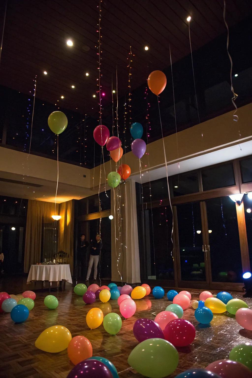 Savor the glee of a balloon avalanche as the clock marks the commencement of a new year.