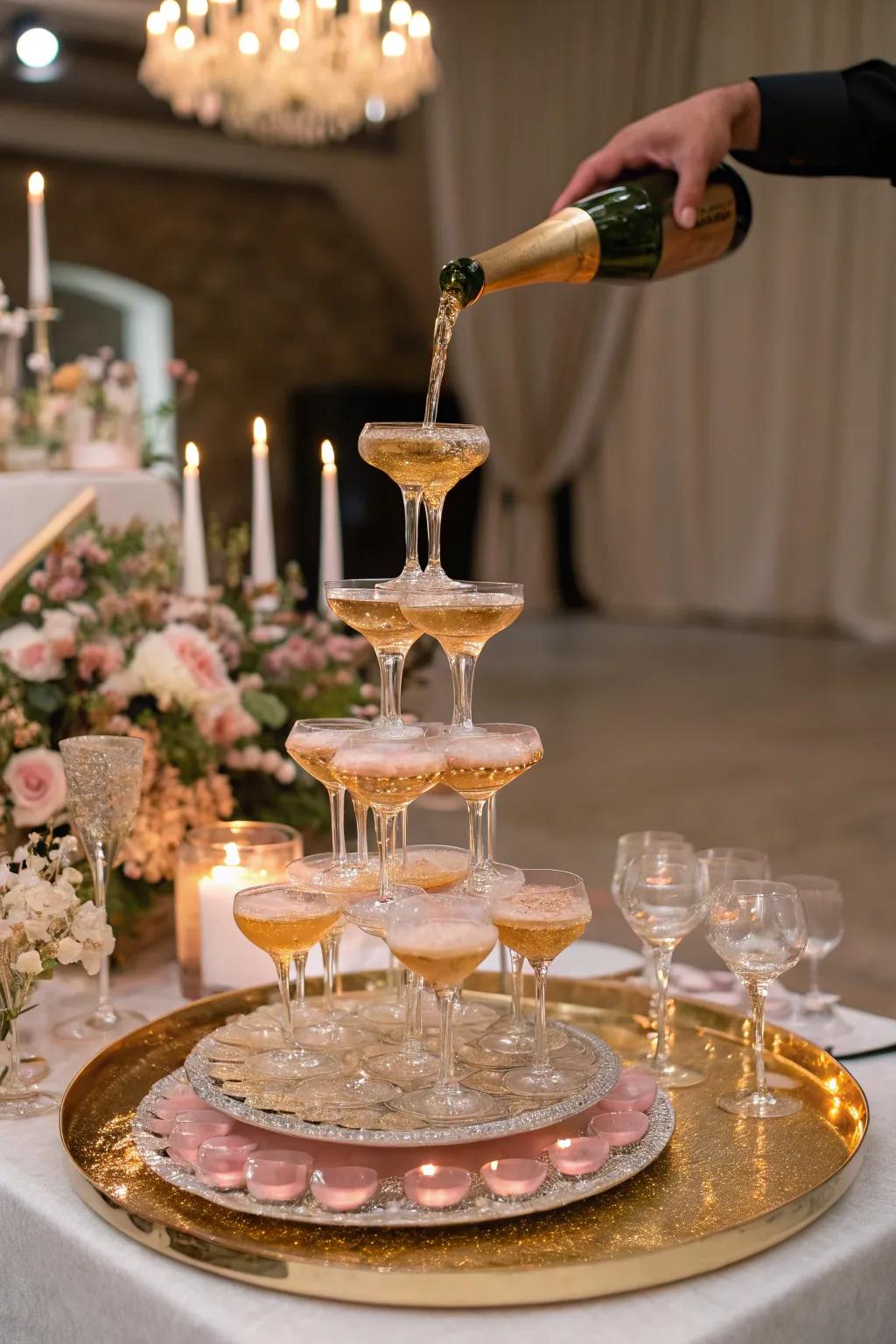A sparkling wine pyramid is an impeccable focal point for any party.